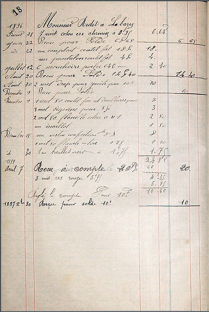 Page extraite d’un livre de compte de colporteur de Clavans-en-Haut-Oisans. Collection privée. (Merci à http://freneydoisans.com/freneytique/petite-histoire-des-colporteurs-de-loisans2epartie/)